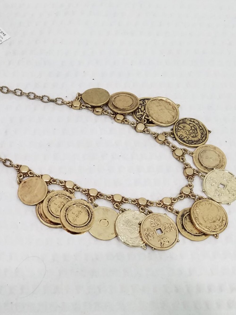 Vintage Signed Chico's Gypsy Style Gold Tone Asian Coins Bib Choker Necklace - Picture 2 of 5
